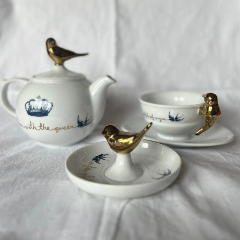 Rare M&S Marks and Spencer Porcelain Bird Song 3 piece set. Tea Pot, Trinket Tray, Tea Cup & Saucer