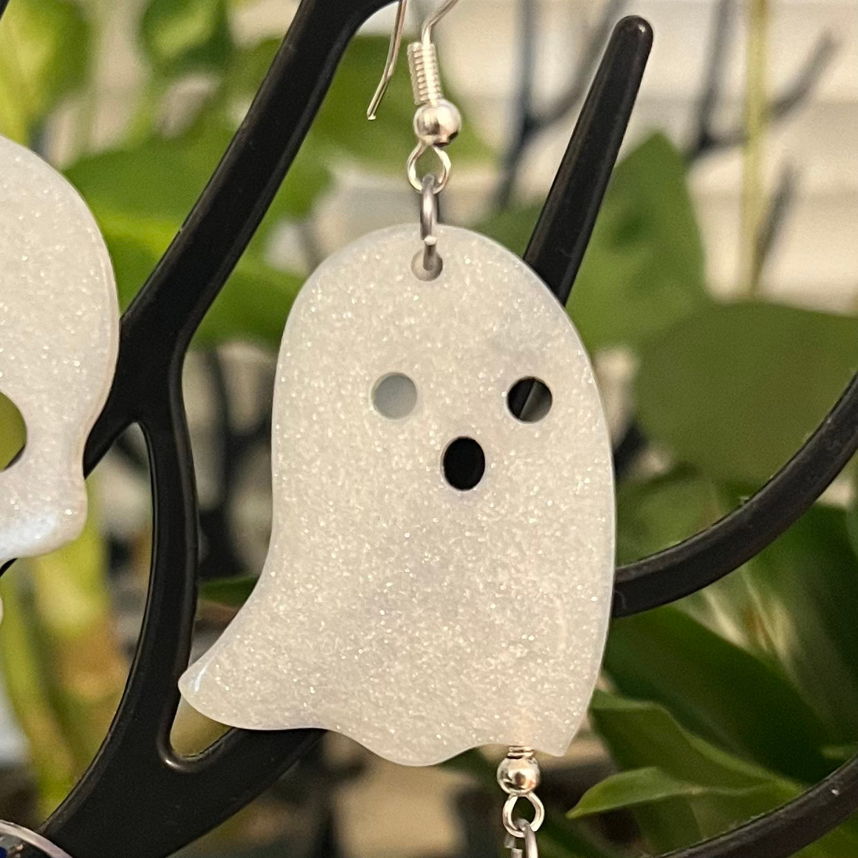 Handmade Pearlised Glitter White Ghost Resin Earrings - Pair