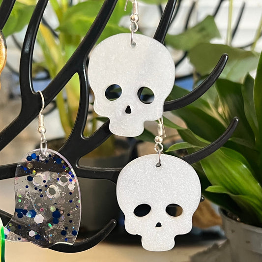 Handmade Pearlised Glitter White Skull Resin Earrings - Pair