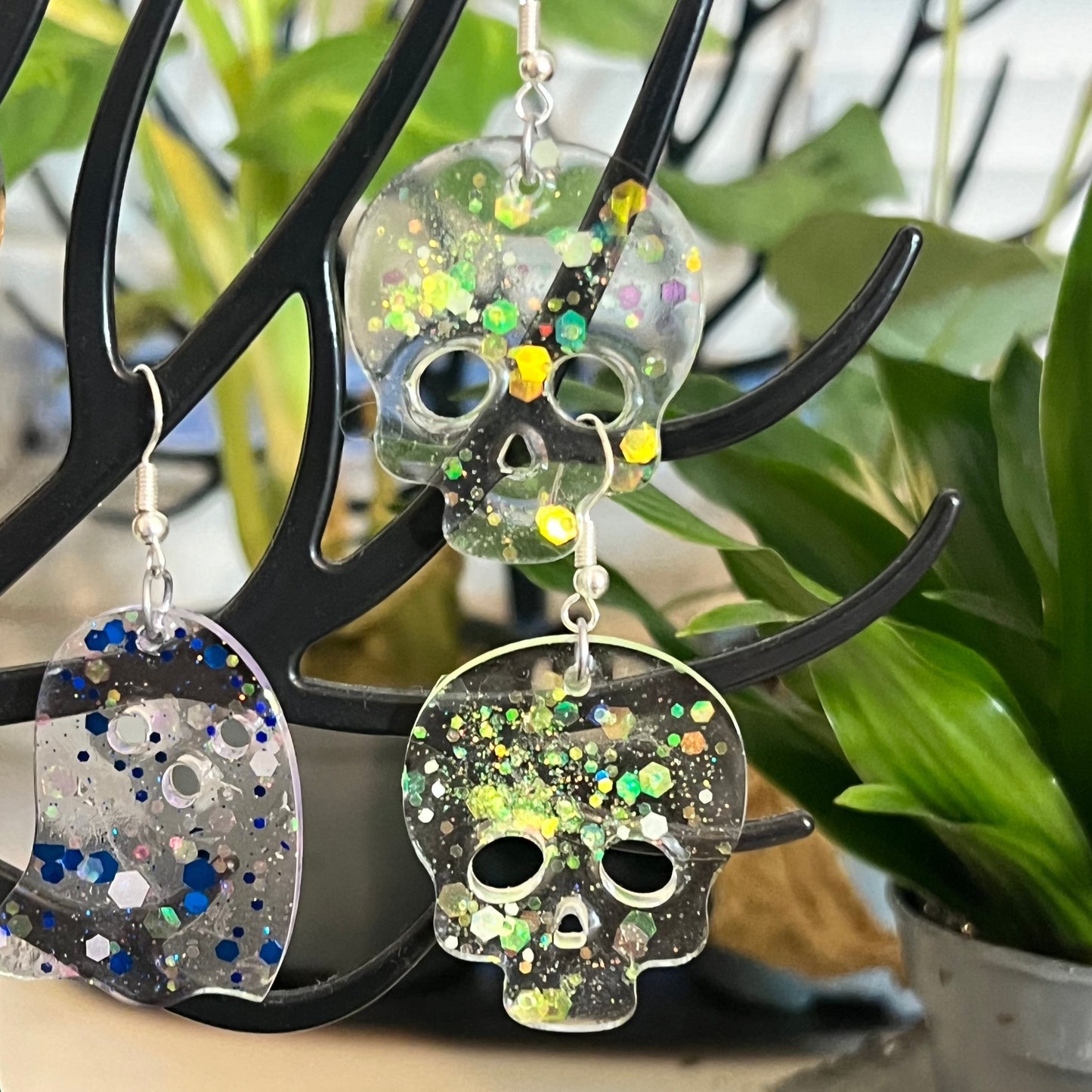 Handmade Yellow Fluro Glitter Clear Skull Resin Earrings - Pair